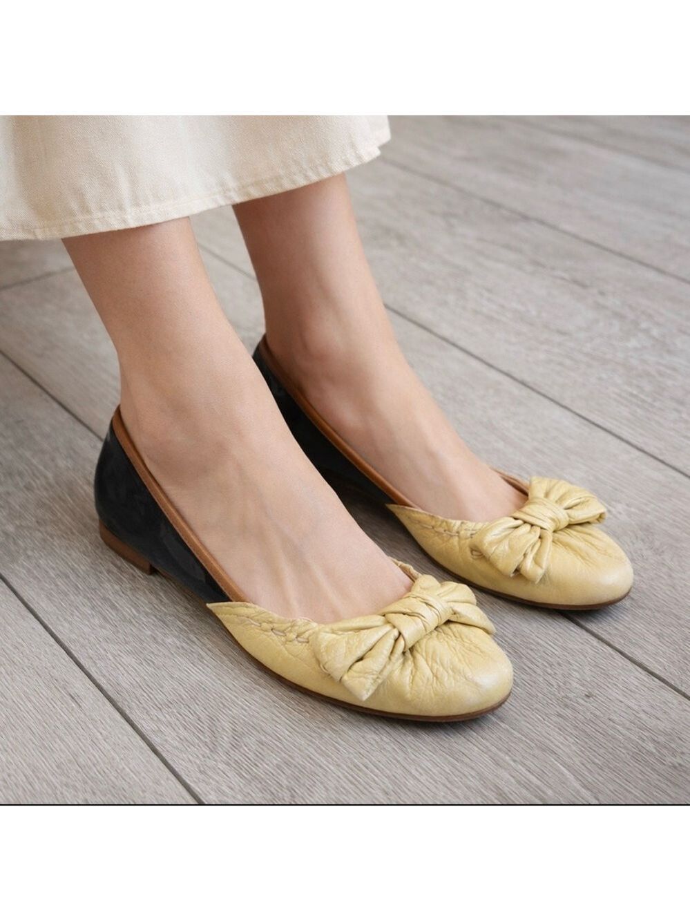 CHLOE Authentic Leather Two Tone Bow Ballerina Slippers Size 37.5 / 6.5